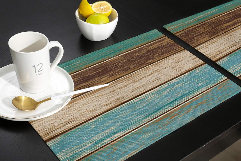 Vandarllin Placemats Set of 6, Retro Rustic Wood Texture Polyester Stain Resistant Table Mats Washable Placemat Decoration for Kitchen Dining Table Teal Green Brown - Image 5